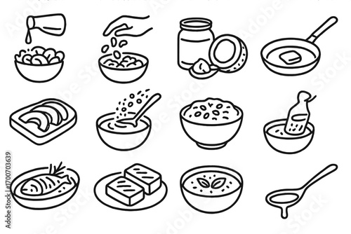 Culinary Icons_ Healthy Fats. Line style icons of culinary use of healthy fats: oil drizzle over salad, nuts sprinkled on dish,
