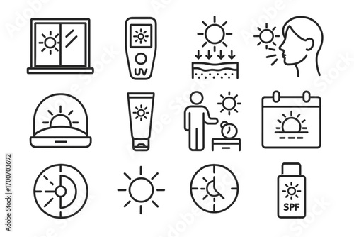 Light Therapy Icons. Line style icons of light therapy and sun care: sunlight on window, UV meter, sun over skin, rays hitting