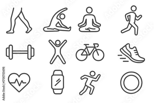 Minimal Fitness Icons. Line style icons of minimal fitness and movement: walking legs, stretching pose, yoga icon, light jog;