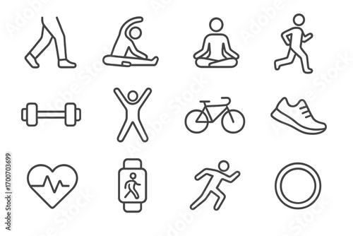Minimal Fitness Icons. Line style icons of minimal fitness and movement: walking legs, stretching pose, yoga icon, light jog;