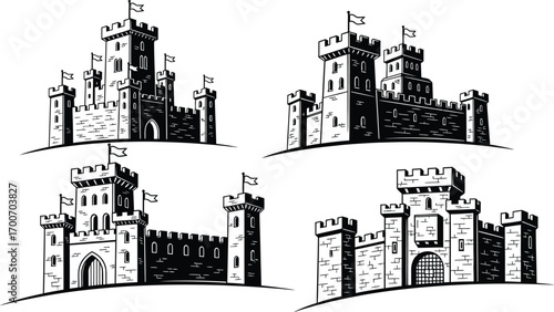 Collection of diverse medieval castle illustrations on white background