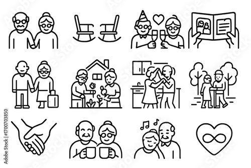 Timeless Love Icons. Line style icons of lifelong love: old couple holding hands, rocking chairs, anniversary celebration, shared