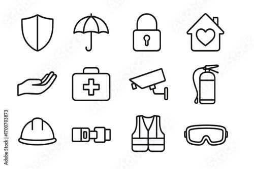 Safety Icons Illustration. Line style icons of safety and protection: shield, umbrella, locked padlock, home with heart; helping