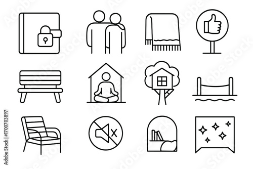 Safe Haven Icons. Line style icons of safe places: locked diary, trusted friend, cozy blanket, calm zone sign; quiet bench,