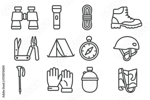 Exploration Gear Icons. Line style icons of exploration gear: binoculars, flashlight, climbing rope, hiking boots; multitool, tent