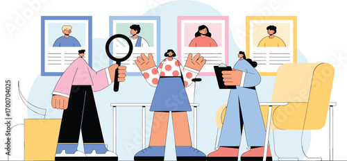 Human resources recruitment illustration, teamwork hiring process, candidate selection, HR management, job interview concept, business people communication, employee evaluation.
