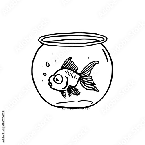 Goldfish bowl drawing vector illustration cute pet fish in aquarium simple line art design for kids and adults