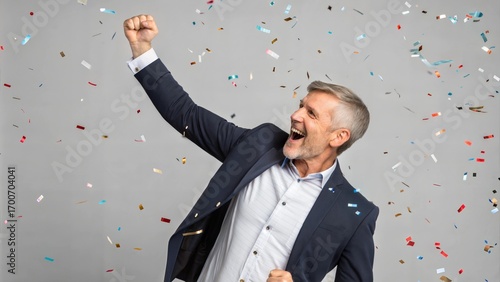 Happy businessman, fist pump and confetti in celebraion, winning or achievemen against a gray studio bacground. Excited man employe in party prize, good new or business promotion forsuccess