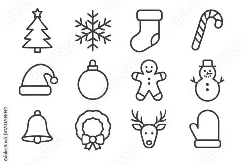 Christmas Icon Line Art. Line style icons of Christmas symbols: Christmas tree, snowflake, stocking, candy cane; Santa hat,