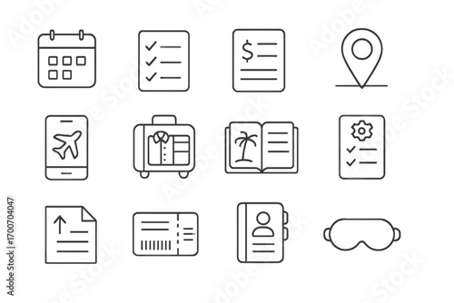 Travel Planning Icons. Line style icons of travel planning: calendar, checklist, budget sheet, destination pin; booking app,