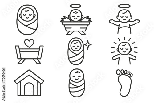 Baby Jesus Icon Set. Line style icons of baby Jesus: baby in blanket, cradle straw, tiny halo, peaceful face; open arms, heart