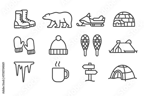 Snowy Exploration Icons. Line style icons of snowy expeditions: snow boots, polar bear, snowmobile, igloo; mittens, winter cap,