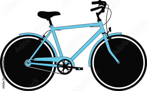 Stylish light blue city bicycle with black wheels on a white background