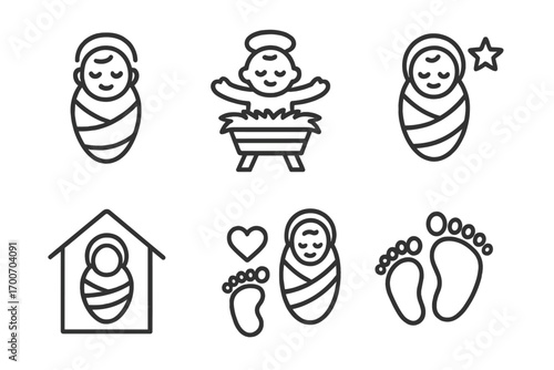 Baby Jesus Icon Set. Line style icons of baby Jesus: baby in blanket, cradle straw, tiny halo, peaceful face; open arms, heart