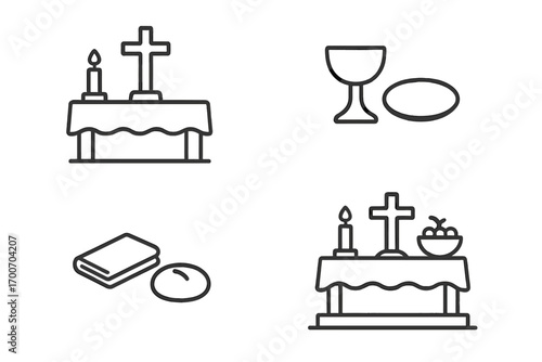 Altar Setup Icons. Line style icons of altar setup: altar table, linen cloth, cross centerpiece, candle on side; cup and plate set