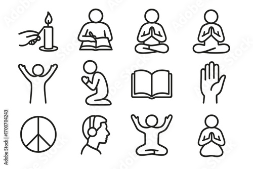 Worship Practices Icons. Line style icons of worship practices: candle lighting, prayer journaling, reading scripture, silent