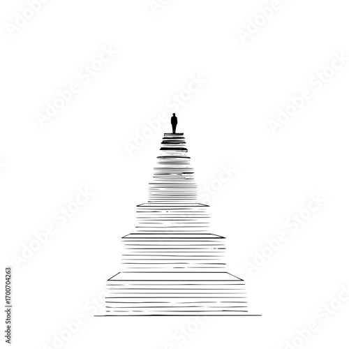 Man standing on top of staircase success achievement leadership concept art black and white illustration drawing