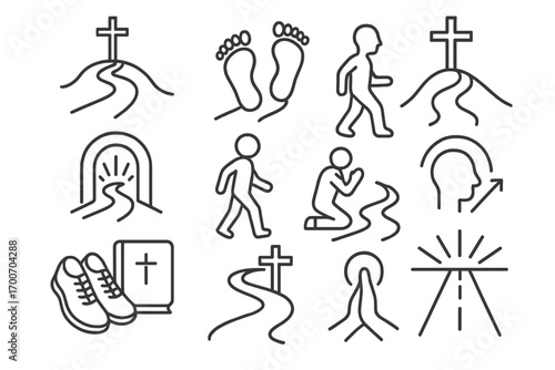 Christian Journey Icons. Line style icons of Christian journey: path to cross, footprints on trail, hill with cross, journey road;