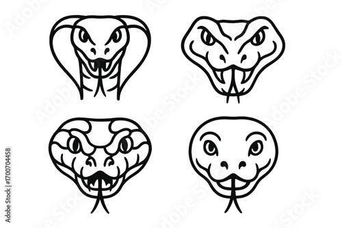 Symmetrical Snake Icons. Line style icons of symmetrical snake faces: centered cobra, mirrored viper, balanced python, full-face