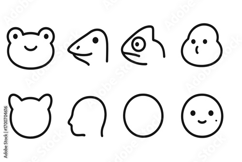 Minimal Animal Outlines. Line style icons of cute face outlines only: frog oval face, lizard V-snouted outline, chameleon profile