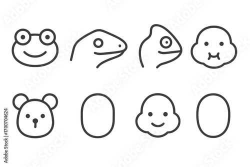 Minimal Animal Outlines. Line style icons of cute face outlines only: frog oval face, lizard V-snouted outline, chameleon profile