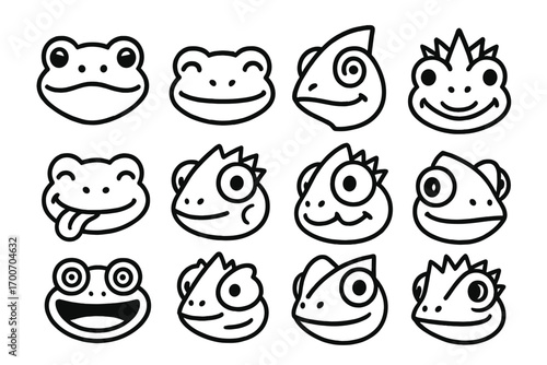 Animal Face Hybrids. Line style icons of animal face mashups: frog-lizard mix face, chameleon-frog expression, gecko with tongue