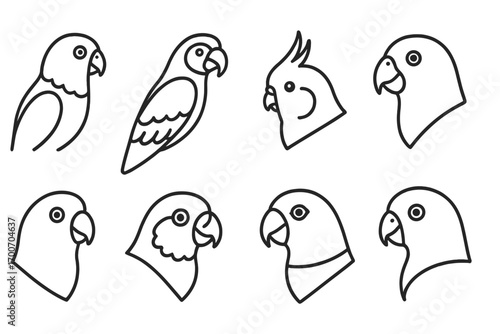Line Style Parrot Icons. Line style icons of parrot varieties: African grey parrot, macaw side view, cockatiel head, Amazon parrot