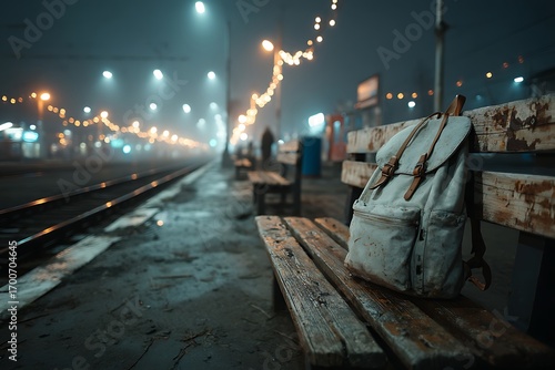 Abandoned backpack on foggy train platform high resolution Images
