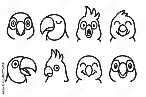 Expressive Tropical Bird Icons. Line style icons of expressive tropical bird faces: wide eye parrot, sleepy toucan, shocked