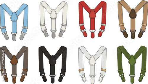 Set of adjustable suspenders in multiple colors, detailed clips and buckles, fashion accessory design, functional clothing straps, CAD drawing vector illustration.
