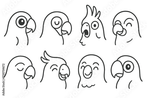 Expressive Tropical Bird Icons. Line style icons of expressive tropical bird faces: wide eye parrot, sleepy toucan, shocked