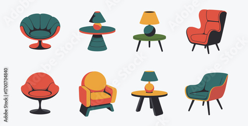 Retro furniture vector seamless pattern with armchairs and lamps illustration