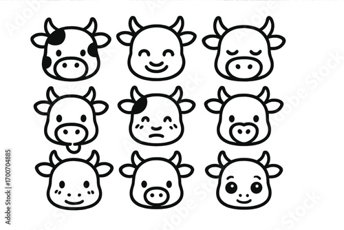 Cute Cow Faces. Line style icons of cute cow faces: cow with spots, smiling calf, sleepy cow, cow with heart nose; small ears,