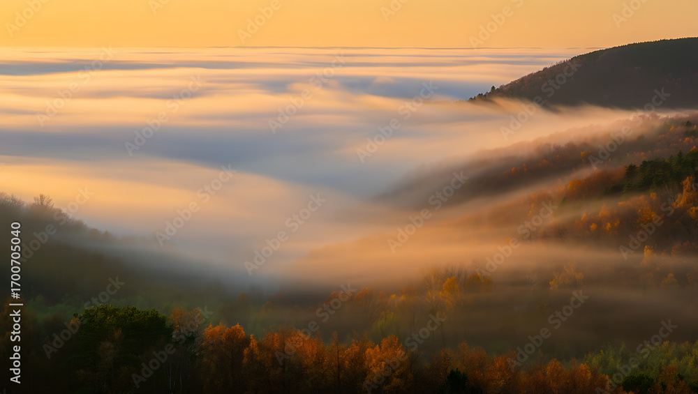 Fototapeta premium Golden hour sunlight illuminates rolling hills blanketed in a thick layer of fog during autumn