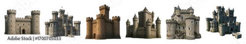 Medieval castle set including various architectural styles, towers, and stone textures isolated. Fantasy and historical architectural elements.