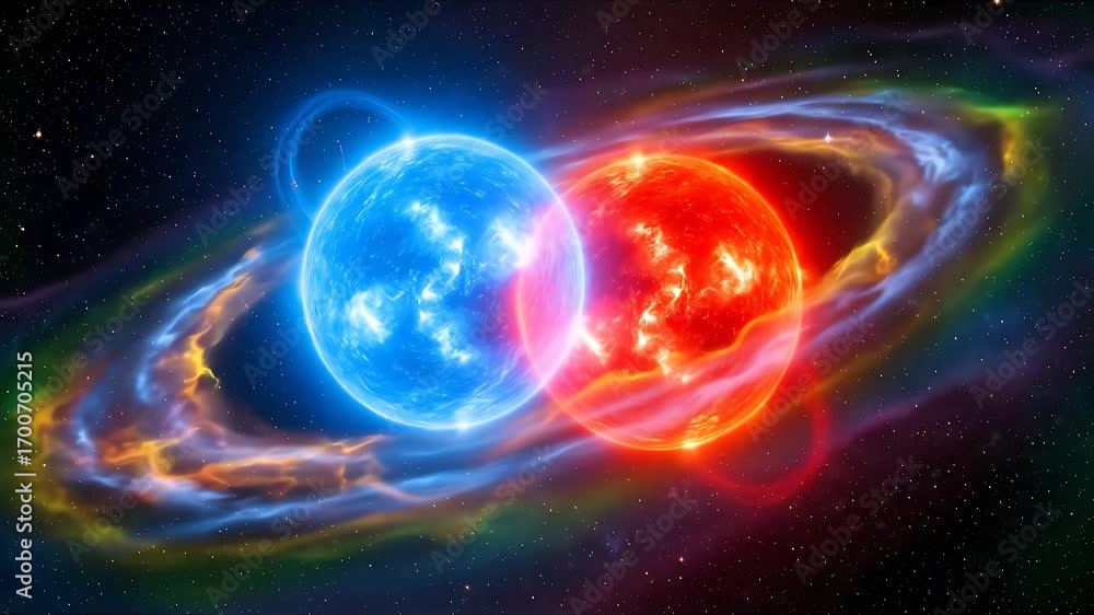 An artist's conception of a close binary star system, featuring a blue and a red star swirling together in space.