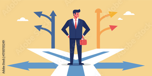 Right Business Way Concept. Vector cartoon illustration of many roads leading in different directions, one path leading to a goal with a final golden mark along which a businessman goes.