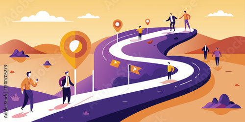 Right Business Way Concept. Vector cartoon illustration of many roads leading in different directions, along which people go—one path leading to a goal with a final golden mark.