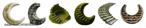 Curved stone stairs and ancient archway elements set including mossy, cracked, weathered, and grass-covered pieces isolated. Fantasy game and architectural design assets.