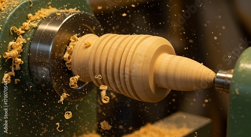 Woodturning process with wood shavings flying from lathe woodworking wood chips