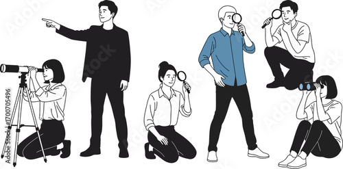 Diverse people observing and exploring with curiosity and focus
