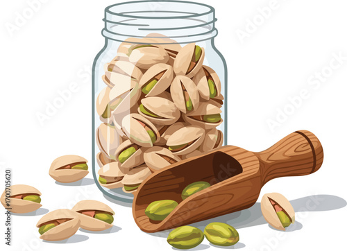 Minimal Pistachio Jar with Wooden Scoop and Scattered Nuts Vector Design