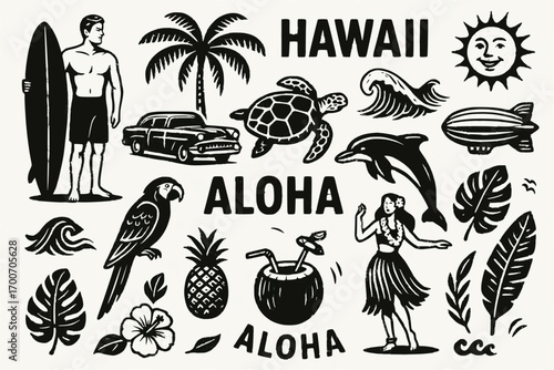 Retro black and white Hawaiian illustrations with surfer, palm trees, hula dancer, and tropical elements