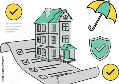 Home insurance policy with checklist, protection shield, and umbrella for security