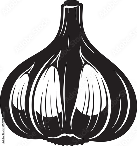 Black silhouette of a garlic bulb with detailed cloves on white vector illustration