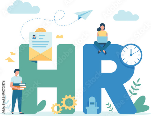 Human resources HR illustration with recruitment, resume, teamwork, management, office concept, employee hiring, staff development, career growth, modern flat design.