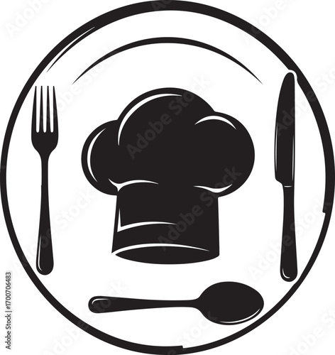 Chef Hat With Fork Knife And Spoon Inside Circle Logo Keywords: chef, hat, cook, cooking, cuisine