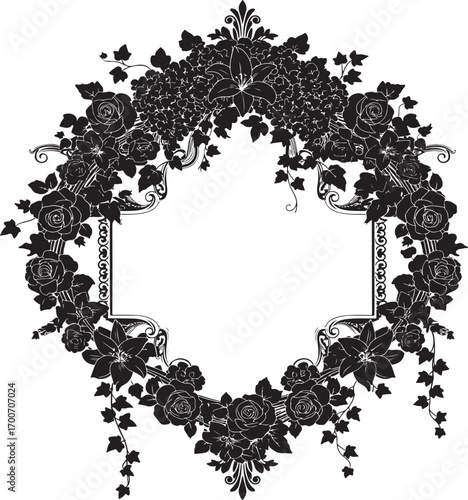 Ornate black floral wreath frame with empty central space Keywords: frame, wreath, floral, ornate