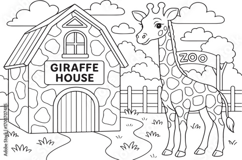 hand drawn vector doodle illustration of Giraffe House coloring page for kids line art