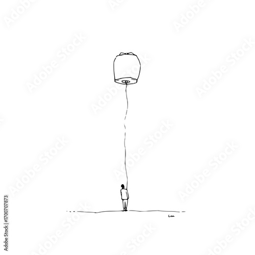 Minimalist line art drawing of person with sky lantern illustration vector graphic design concept art